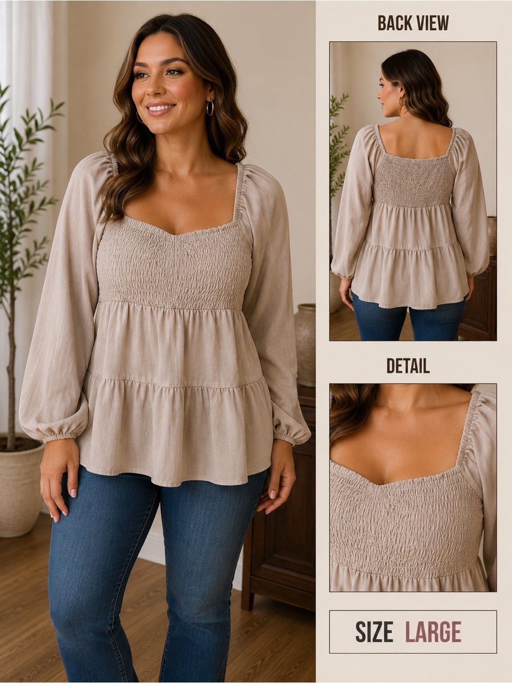 Paper Crane Taupe Smocked Peasant Top LARGE